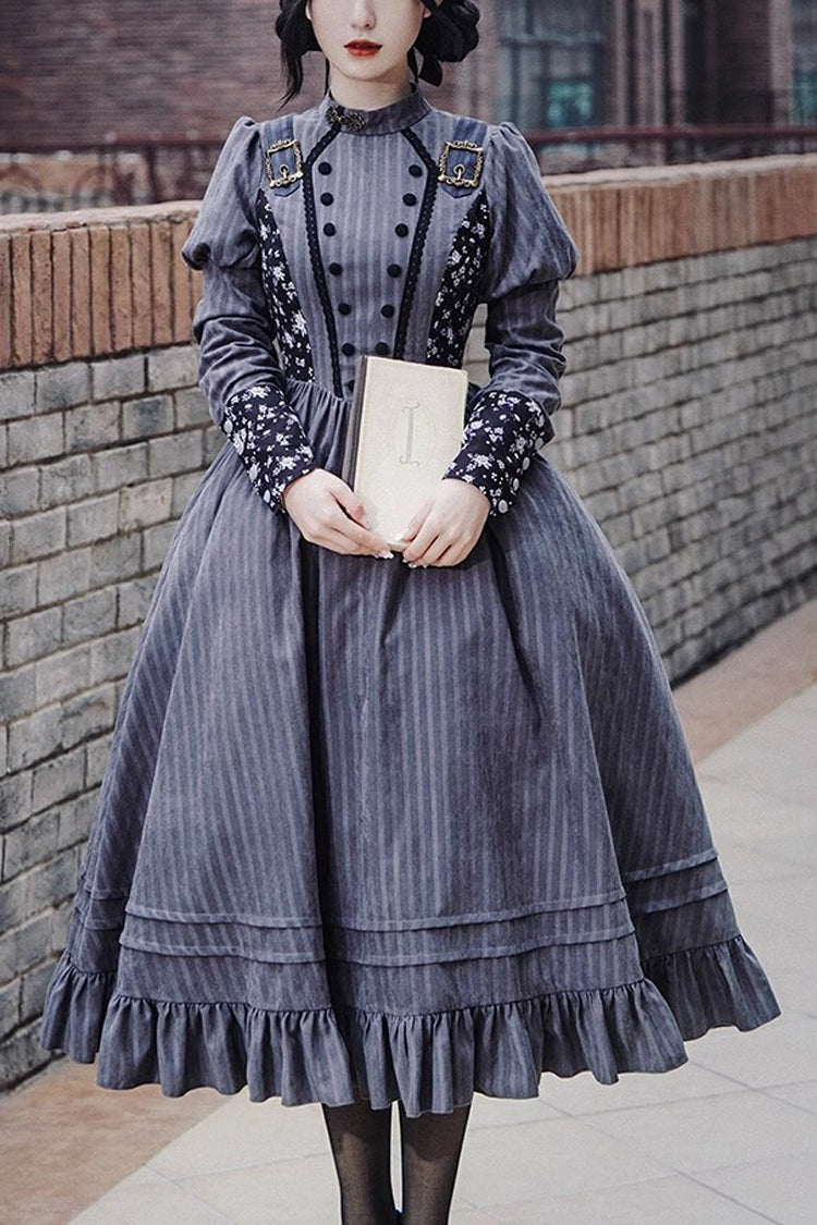 Gray Stripes Print Long Sleeves Classic Lolita Dress - Grey - 1
