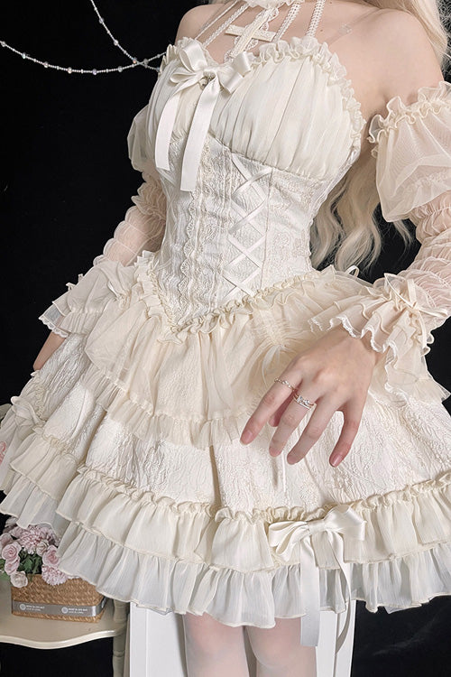 Ivory Tube Top Sleeveless Blowknot Ruffled Sweet Tiered (Dress Only) detail view 5