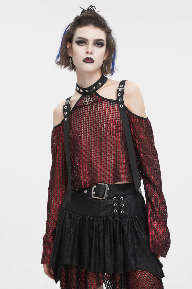Red Off Shoulder Buckle Sheer Crop Women's Gothic Shirt - Red - 1