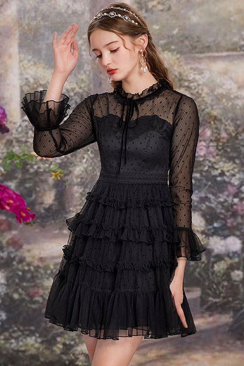 Black Lace Round Collar Polka Dot Mesh Trumpet Sleeves Layered Ruffled Sweet Lolita OP Dress - Product - 4
