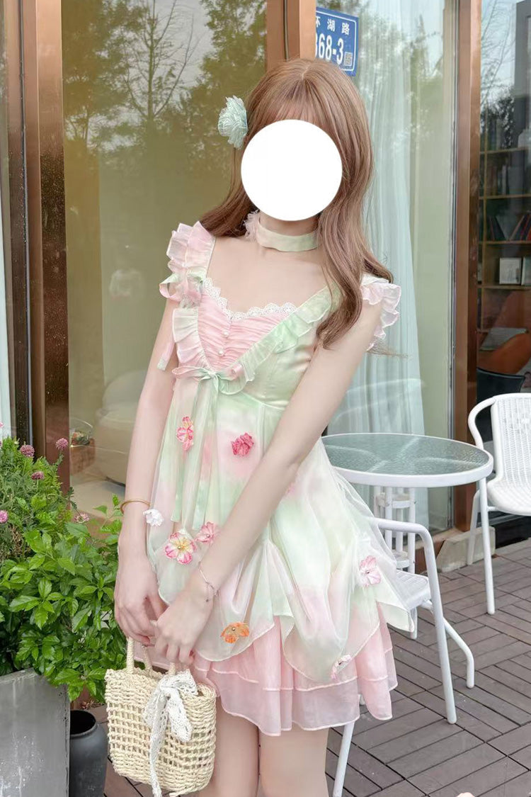 Pink/Green [Dream of Flowers] Sleeveless Print Ruffle Lace Sweet Princess Lolita Jsk Dress - Product - 5