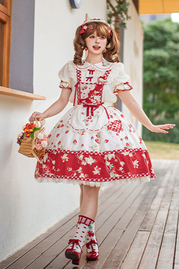 Red/White Strawberry Orchard Print Ruffle Detachable Sweet Lolita Strap Dress - Product - 2