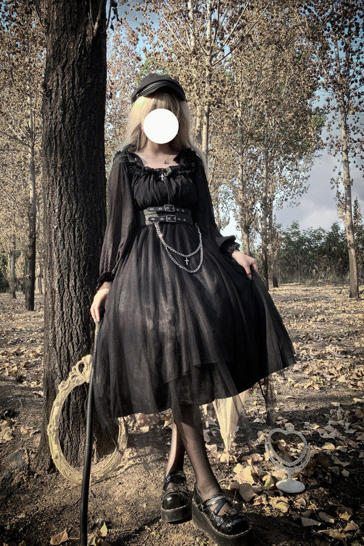 Black Long Sleeves Ruffle Bowknot Stitching Lace Gothic Plus Size Lolita Dress - Black - 1