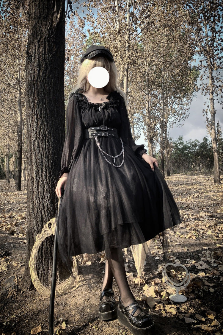 Black Long Sleeves Ruffle Bowknot Stitching Lace Gothic Plus Size Lolita Dress - Black - 1