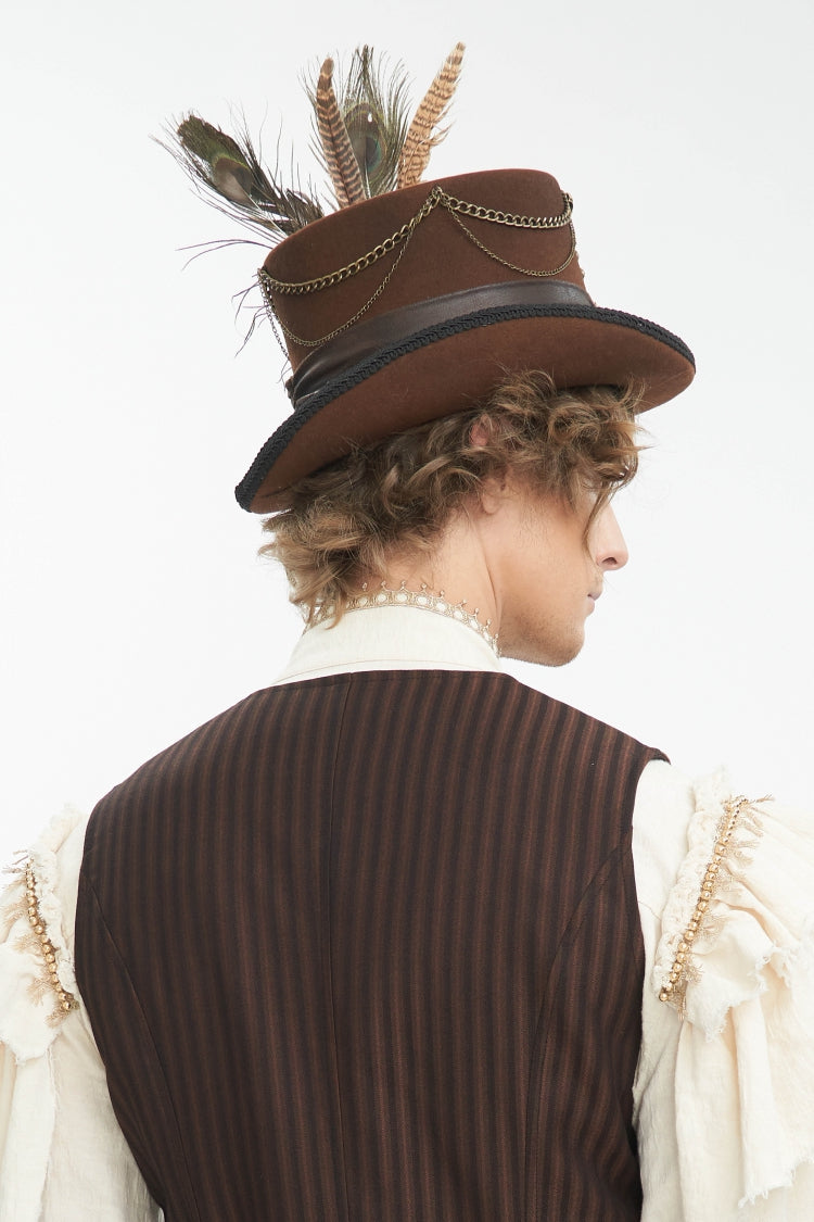 Brown Chain-Decorated Men's Gothic Accessory Gear Feather Top Hat - Product - 5