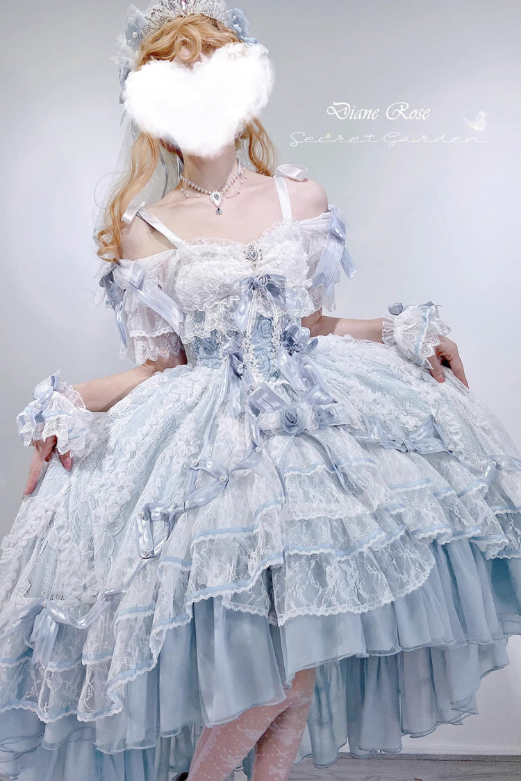Blue [Diane Rose] Short Sleeves Multi-Layered Jacquard Ruffle Hanayome Cardigan Bowknot Lace Sweet Lolita Dress - Product - 9