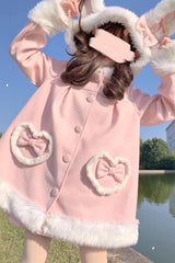Pink Woolen Rabbit Ears Single-breasted Bowknot Sweet Princess Lolita Coat - Product - 3
