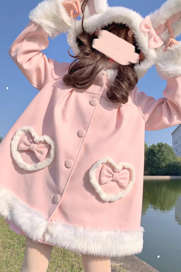 Pink Woolen Rabbit Ears Single-breasted Bowknot Sweet Princess Lolita Coat - Product - 3