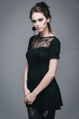 Black Patterned Lace Neck Short Sleeves Womens Mid-Length Gothic T-Shirt - Product - 2