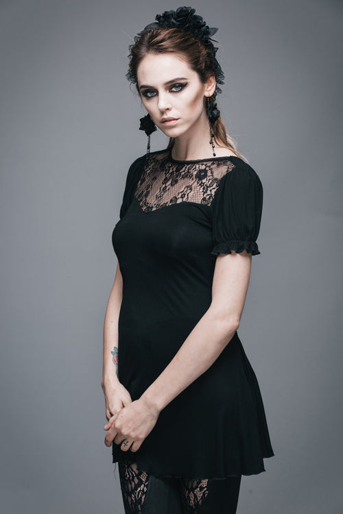 Black Patterned Lace Neck Short Sleeves Womens Mid-Length Gothic T-Shirt - Product - 2