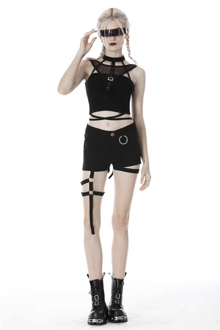 Black Halterneck Spliced Mesh Strappy Buckle Eyelet Harness Women's Punk Midriff-Baring Tank Top - Product - 5
