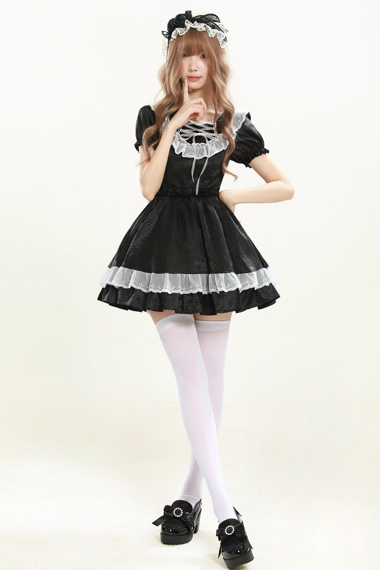 Black [Night Alley Angel] Lapel Collar Short Sleeves Jacquard Ruffled Lace Gothic Lolita Dress - Product - 6