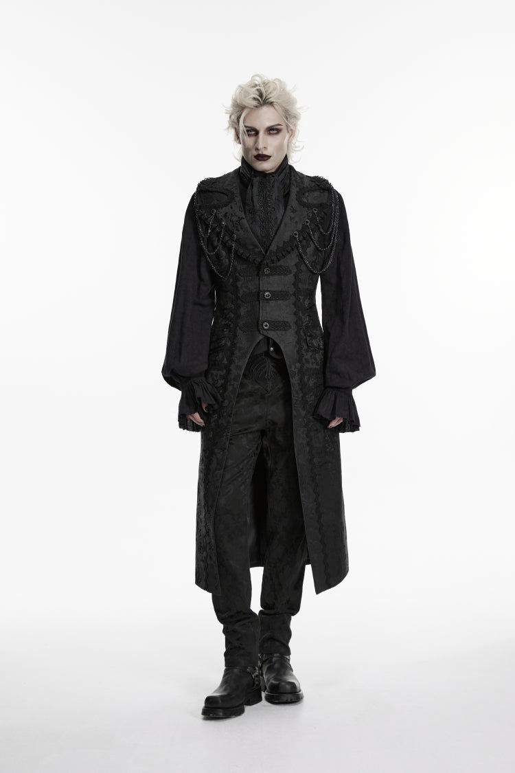 Black Jacquard Chain-Decorated Men's Gothic Long Vest - Black - 1