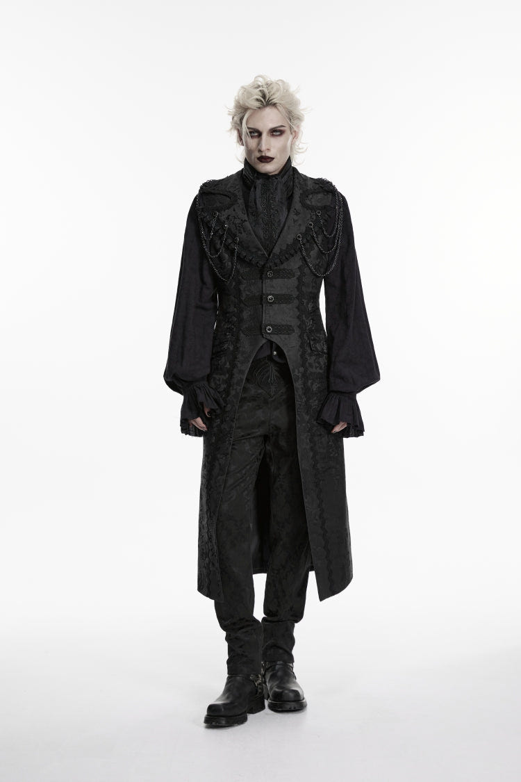 Black Jacquard Chain-Decorated Men's Gothic Long Vest - Black - 1