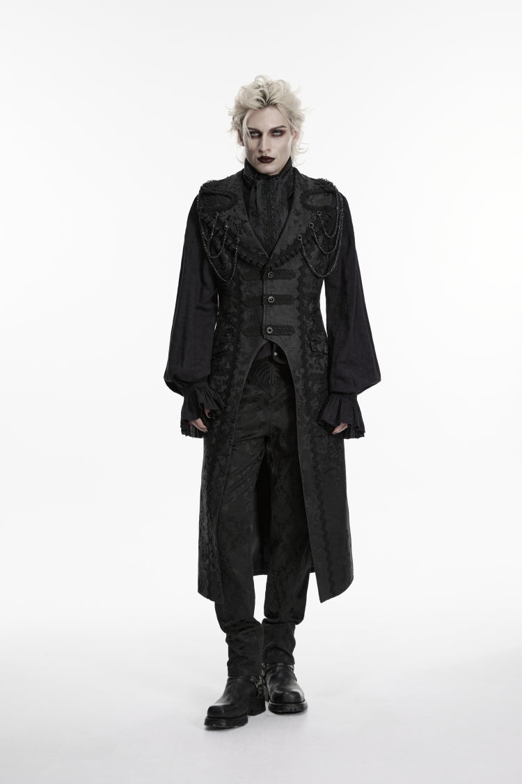 Black Jacquard Chain-Decorated Men's Gothic Long Vest - Black - 1