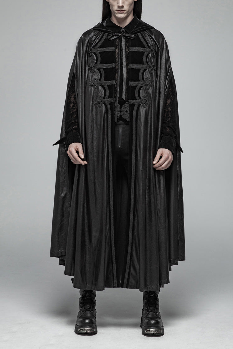 Black Print Embroidery Hooded Mens Gothic Coat Cloak - Black - 1