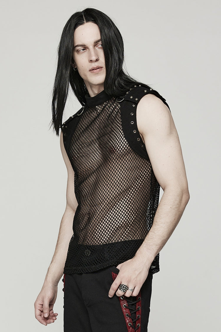 High Collar Sleeveless Rivet Decoration Sheer Mesh Men's Steampunk Vest 2 Colors - Product - 2
