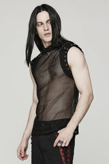 High Collar Sleeveless Rivet Decoration Sheer Mesh Men's Steampunk Vest 2 Colors - Product - 2