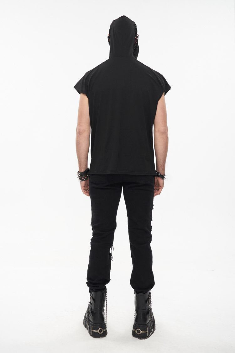 Black Skull Print Super High Neck Masked Rivet Hole Hooded Short Sleeve Men's Punk T-Shirt - Product - 6