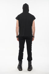 Black Skull Print Super High Neck Masked Rivet Hole Hooded Short Sleeve Men's Punk T-Shirt - Product - 6