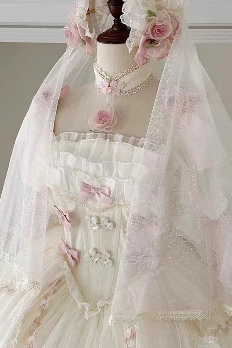 White [Mist and Tulle] Square Collar Multi-Layered Ruffled Hanayome Bow Lace Sweet Princess Gorgeous Lolita Dress - Product - 4