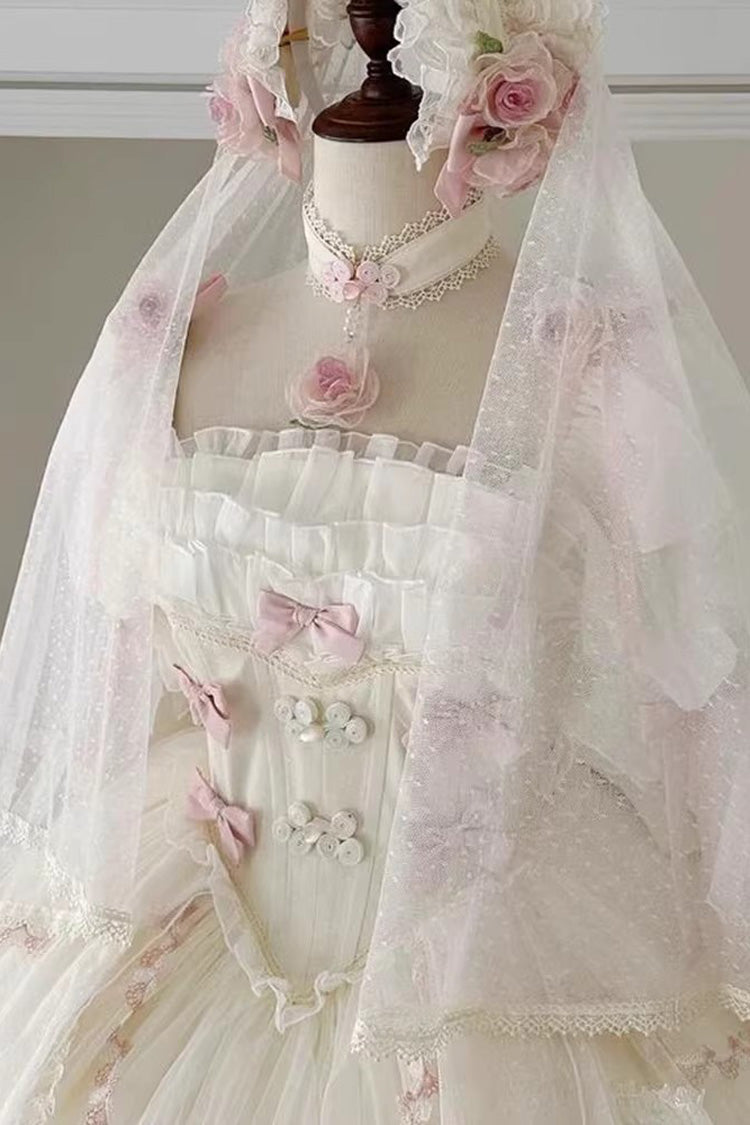 White [Mist and Tulle] Square Collar Multi-Layered Ruffled Hanayome Bow Lace Sweet Princess Gorgeous Lolita Dress - Product - 4