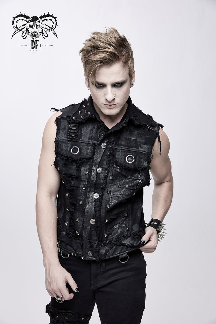 Black Heavy Metal Rivet Back Printed Coarse Twill Worn Out Men's Punk Waistcoat - Product - 2