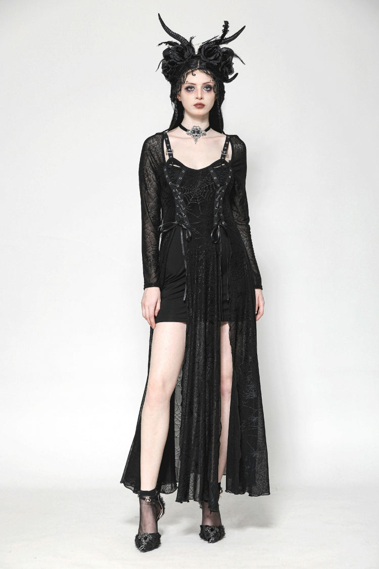 Black Long Sleeves Lace-Up Spiderweb Women's Gothic Elegant Witch Long Dress - Product - 9