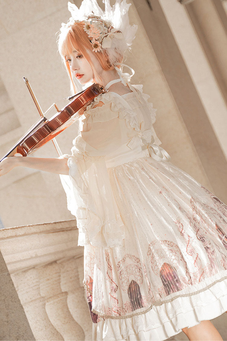 Ivory Ancient Mythology Angel Wings Print Mesh Stitching Bowknot Ruffled Gothic Lolita Jsk Dress - Product - 6