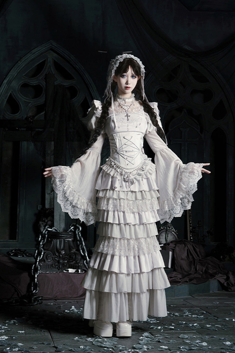 Solid Color [Bionic Doll] Square Collar Multi-Layered Ruffle Bowknot Lace-Up Gothic Lolita Fishtail Skirt Corset Set - Solid-Color - 1