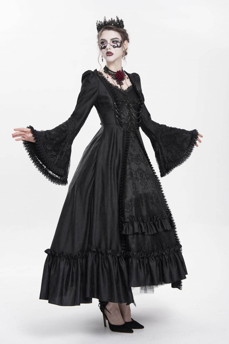 Black Long Sleeves Floral Embroidery Lace-Up Pleated Women's Gothic Dress - Product - 5