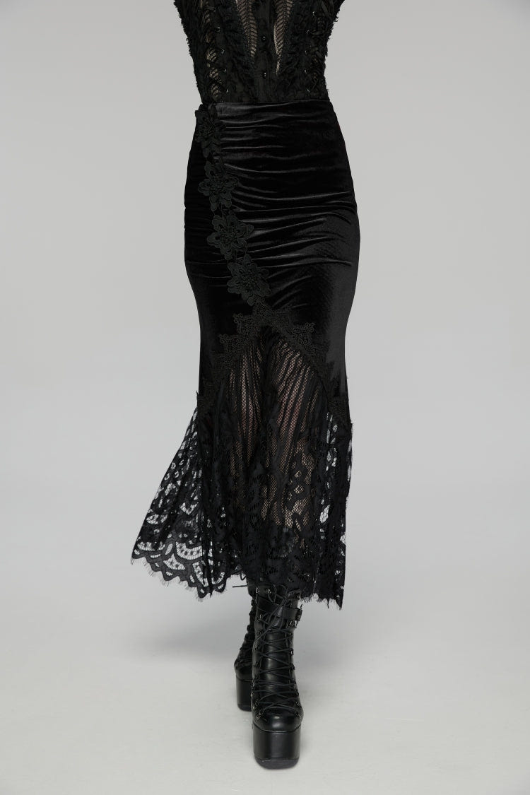 Black Embroidered Lace Slim Women's Gothic Fishtail Velvet Skirt - Product - 5
