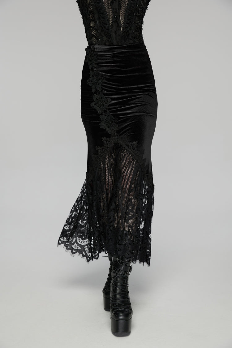 Black Embroidered Lace Slim Women's Gothic Fishtail Velvet Skirt - Product - 5