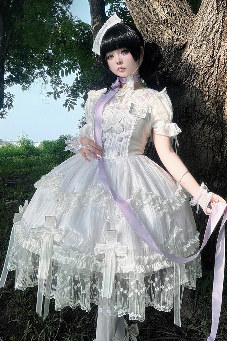 White Short Sleeves Ruffle Bowknot Lace Gothic Elegant Lolita Dress - White - 1