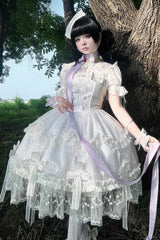 White Short Sleeves Ruffle Bowknot Lace Gothic Elegant Lolita Dress - White - 1