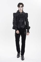 Black Lapel Collar Long Lantern Sleeves Jacquard Embroidered Lace Men's Gothic Palace Swallow-tailed Shirt with Necktie - Product - 6