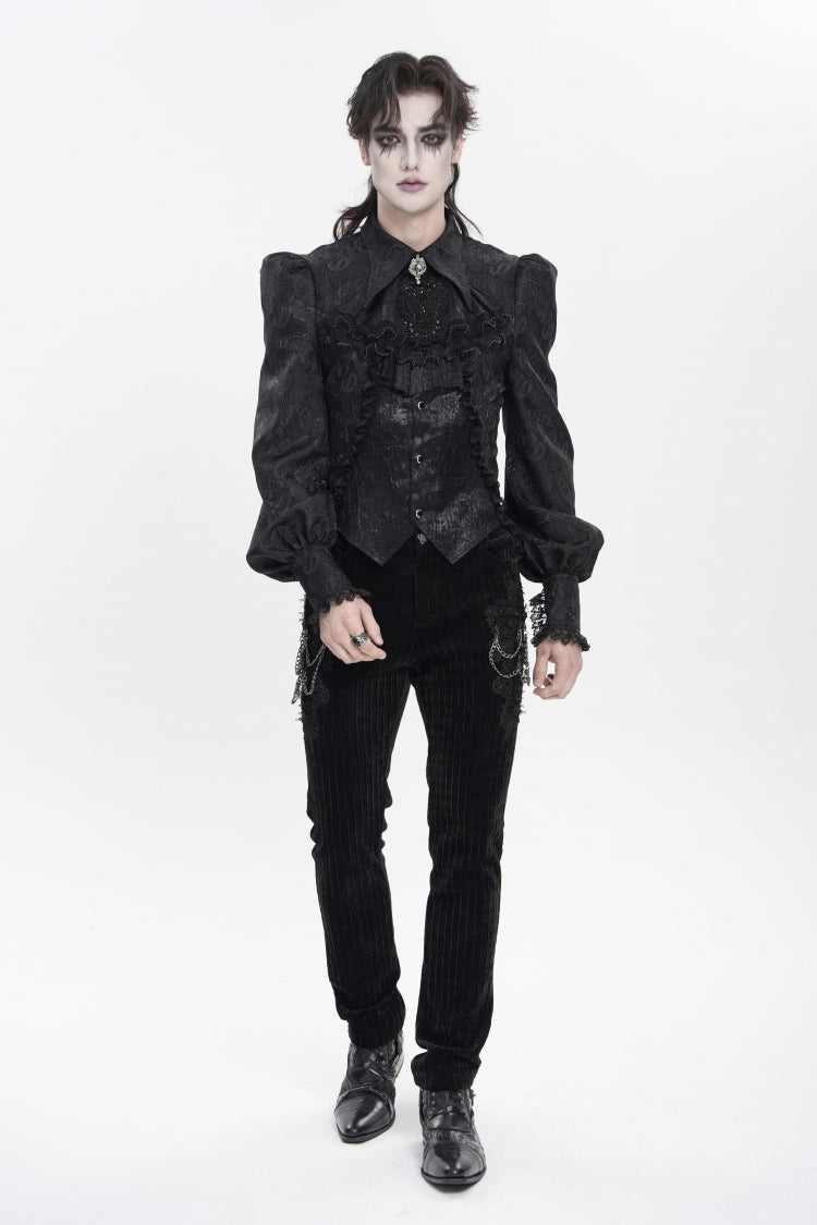 Black Lapel Collar Long Lantern Sleeves Jacquard Embroidered Lace Men's Gothic Palace Swallow-tailed Shirt with Necktie - Product - 6