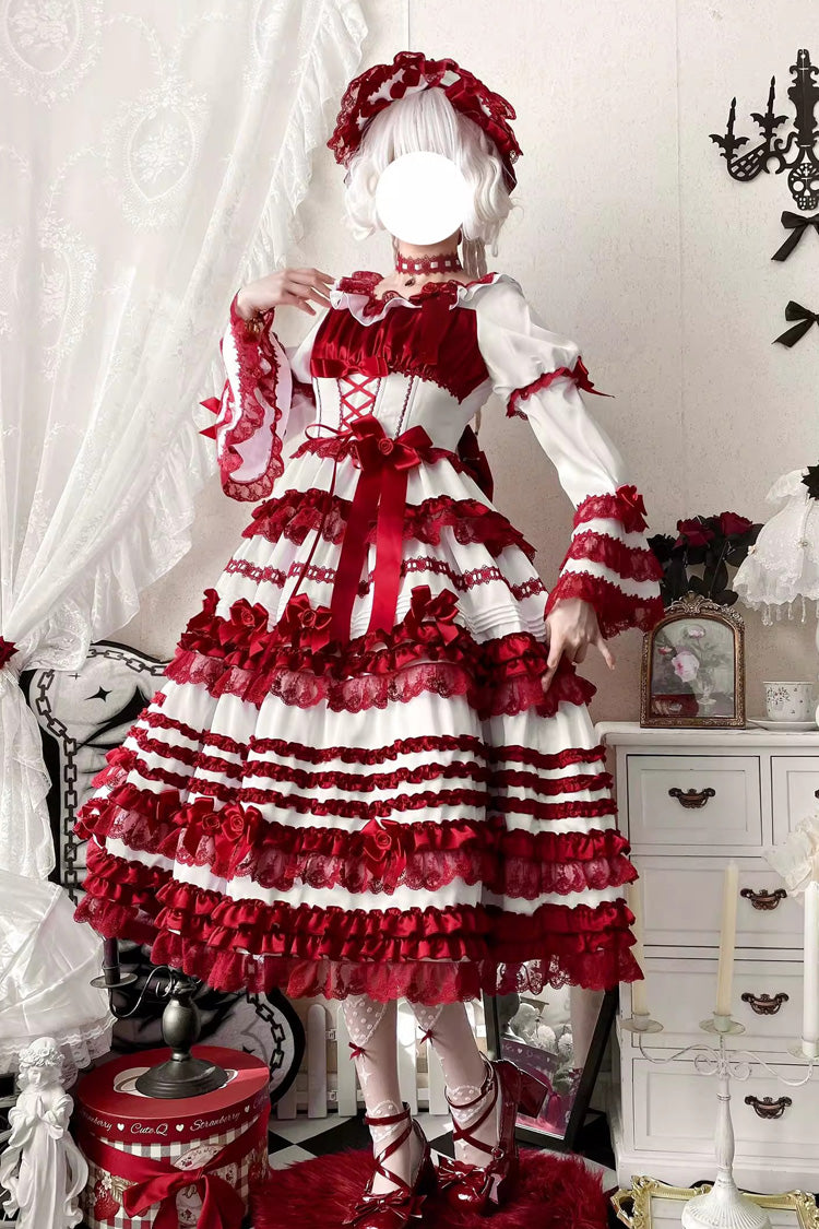White/Red [Layered Red Velvet] Short Sleeves Ruffle Bowknot Lace Sweet Lolita Dress - Product - 2