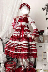 White/Red [Layered Red Velvet] Short Sleeves Ruffle Bowknot Lace Sweet Lolita Dress - Product - 2