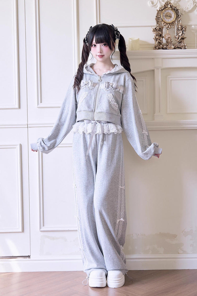 Sweet Long Sleeves Bowknot Lace Hooded Jirai Kei Hoodie Pants Set 3 Colors - Product - 4