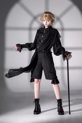 Black [Eternal City] Long Sleeves Lace Gothic Prince Medieval Ouji Lolita Blouse Knee-Length Shorts Set - Product - 7