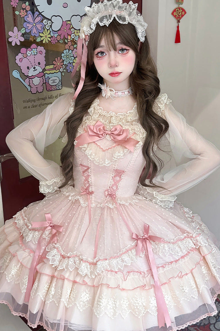 Pink [Candy House] Sleeveless Ruffle Bowknot Lace Lace-Up Sweet Lolita Jsk Dress - Pink - 1