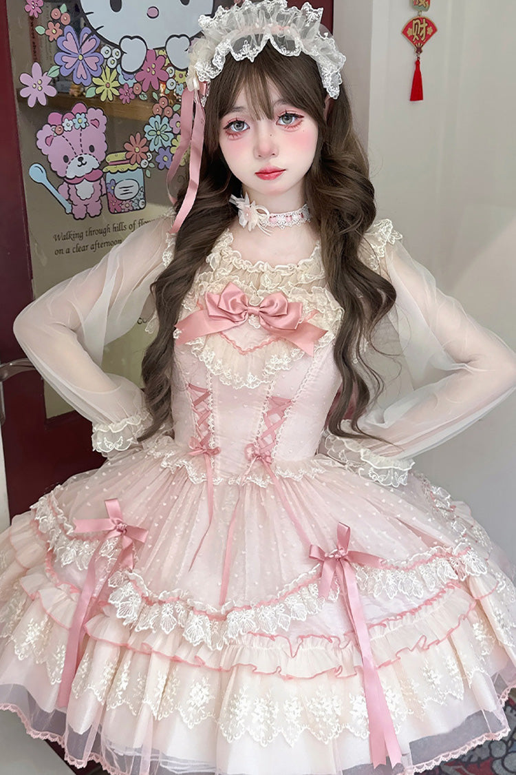Pink [Candy House] Sleeveless Ruffle Bowknot Lace Lace-Up Sweet Lolita Jsk Dress - Pink - 1