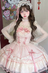 Pink [Candy House] Sleeveless Ruffle Bowknot Lace Lace-Up Sweet Lolita Jsk Dress - Pink - 1