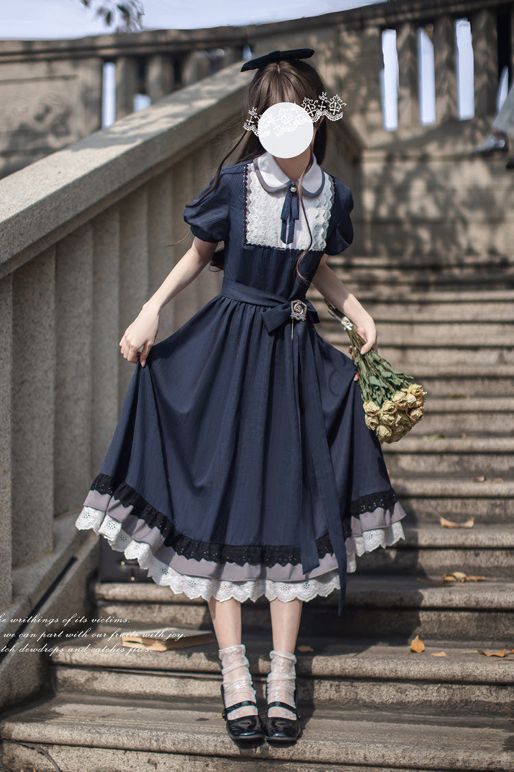 Blue [Phyllis] Lapel Collar Short Sleeves Printed Bow Classic Vintage Elegant Lolita Dress - Product - 9