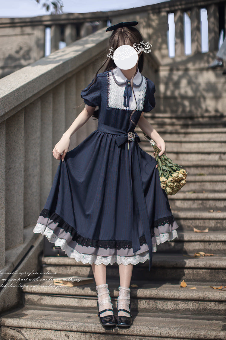 Blue [Phyllis] Lapel Collar Short Sleeves Printed Bow Classic Vintage Elegant Lolita Dress - Product - 9