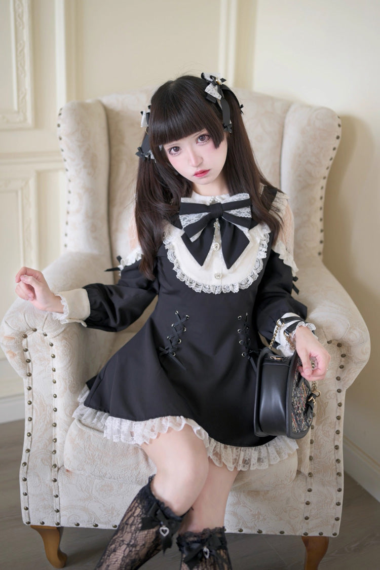 Black/White [Divine love] Long Sleeves Hollow Bowknot Lace Lace-Up Sweet Jirai Kei Dress Shorts Set - Product - 2