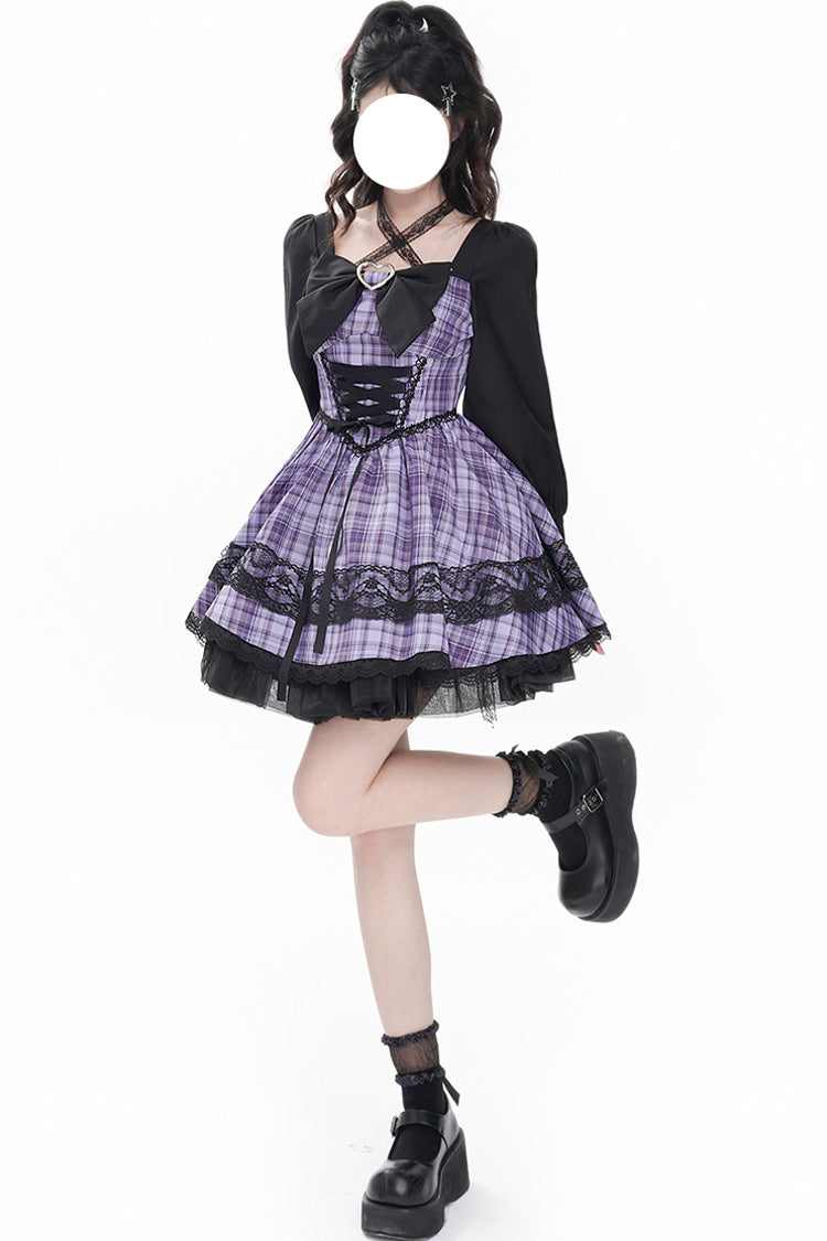 Purple [Witch Time] Long Sleeves Plaid Print Bowknot Lace Sweet Lolita Dress - Product - 2