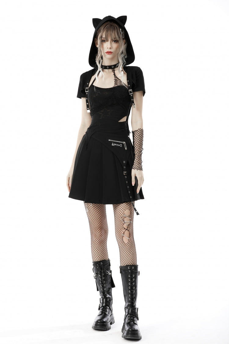 Black Short Sleeves Lace-Up Buckled Women's Punk Cat Ear Hooded Short Cape - Product - 8