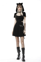 Black Short Sleeves Lace-Up Buckled Women's Punk Cat Ear Hooded Short Cape - Product - 8